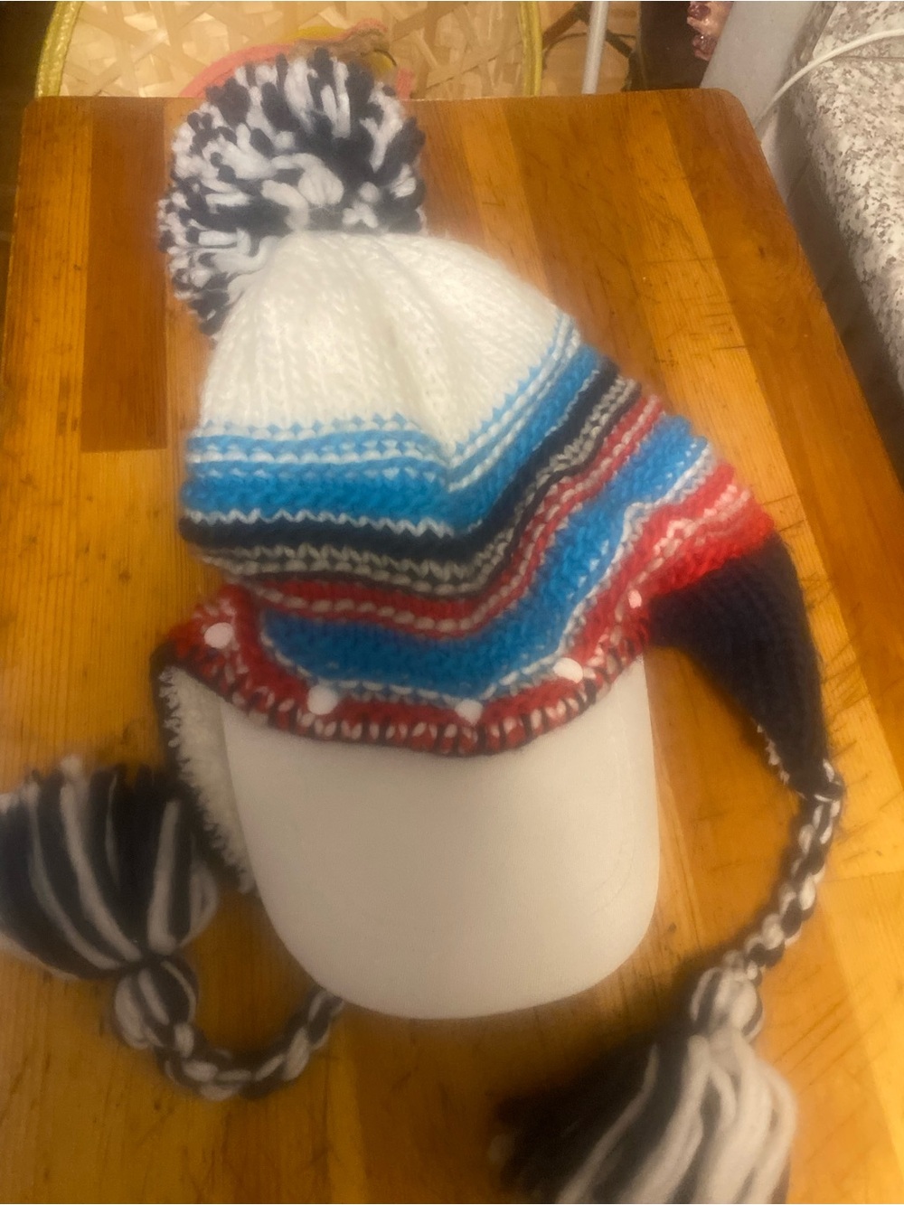 Kids Multicolor Knit Pom Pom Earflap Hat - White, Blue & Red